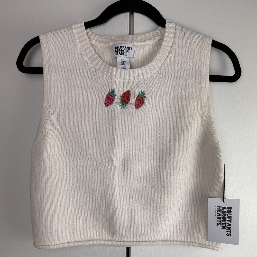 Bouffants and Broken Hearts Strawberry Knit Sweater Vest Cream Med Kendra Dandy
